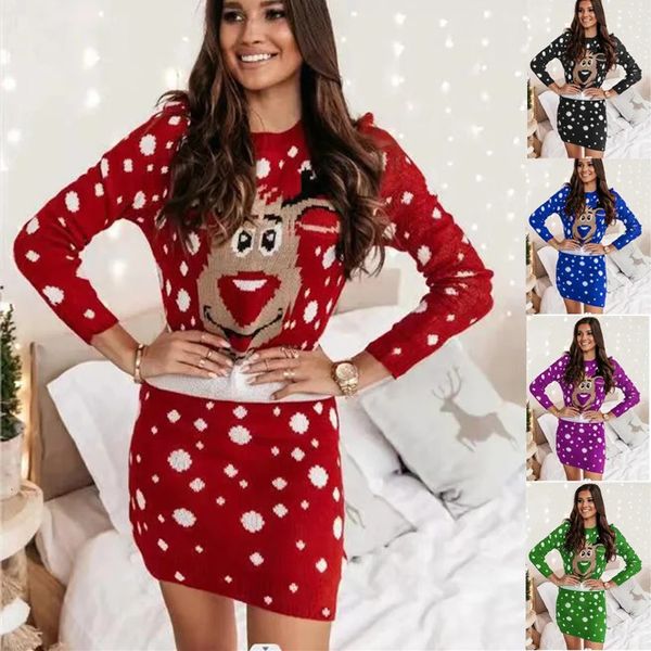 Abiti casual di base Cartoon Elk Dress Donna Carino Natale Fiocco di neve Abito da sera Inverno Manica corta Mini abiti Moda Casual Abiti da festa 231110