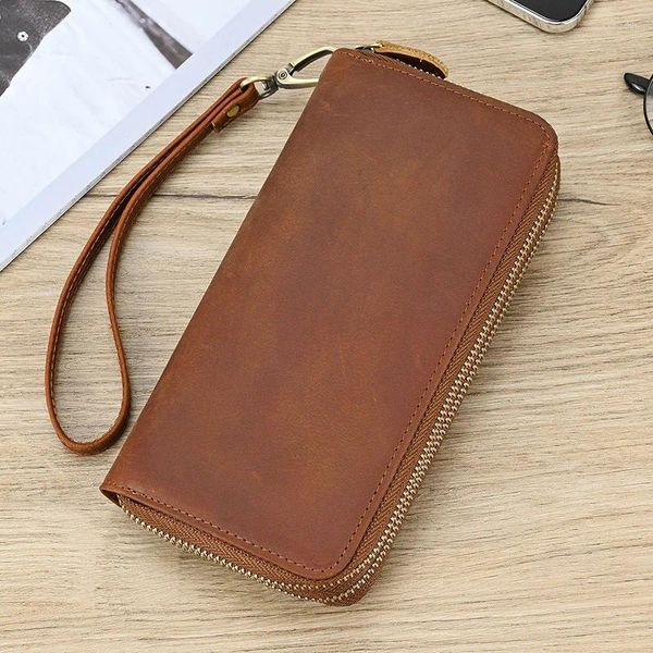 Carteiras sbirds carteira de couro genuíno mulheres luxo vintage homens cartão zíper para masculino embreagem telefone bolsa homem