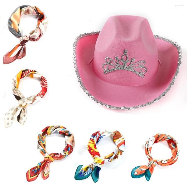 Wide Brim Hats Cowgirl-Hut für Frauen mit quadratischem Seidenschal Western Girl Pink Tiara Cowboy Cap Holiday Costume Party