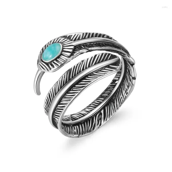 Clusterringe 1 Stück Böhmen Afrika Feder mit blauem Stein offener verstellbarer Ring Antike Metallfarbe Punk für Frauen Männer Schmuck R145