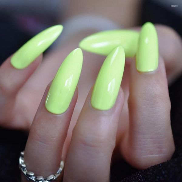 False unhas extra longa de neon verde falso super estiletto curvo prensa em unhas de gel com esmalte de gel Glossry Summer Unhings pregos 24