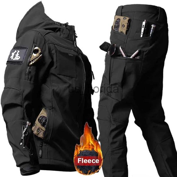 Fatos masculinos inverno tático terno homens roupas militares 2 peças conjunto à prova d 'água com capuz windbreaker jaqueta térmica multi-bolsos calças uniforme j231111