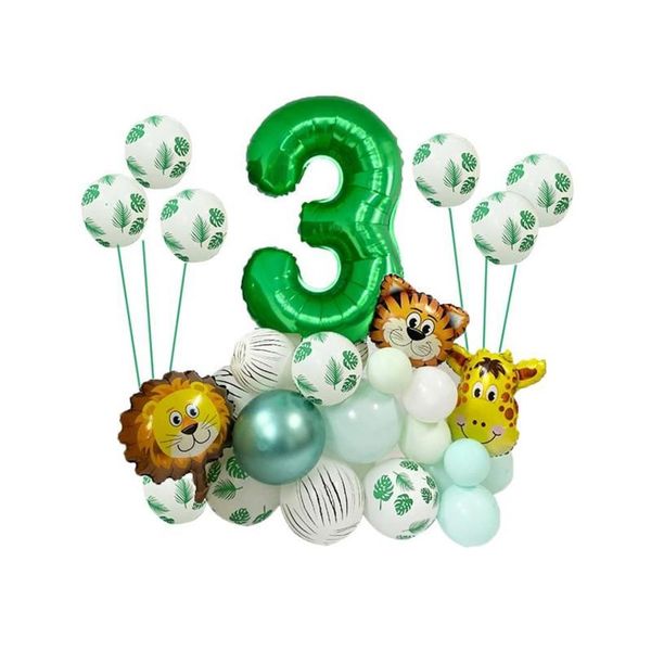 Decoração de festa feliz 1 2 3 4 5 anos aniversário safari animal balões conjunto chá de bebê é um menino floresta selva folha verde nu302b