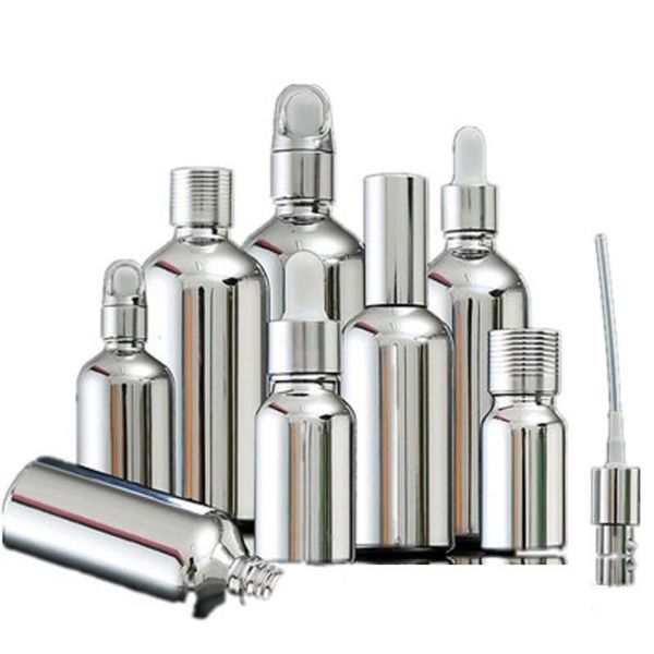 Bottiglie di stoccaggio Vasetti 5ML-100ML Bottiglia di vetro argento Olio essenziale Contagocce Fiala Imballaggio cosmetico Siero Lozione Pompa Spray Atomize270F