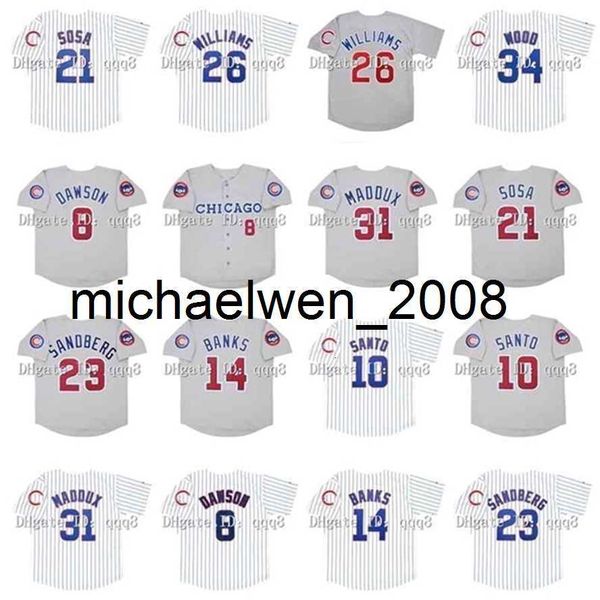 Maglie da baseball vintage 1992 Greg 31 Maddux 21 Sammy Sosa 23 Ryne Sandberg 8 Andre Dawson 14 Ernie Banks 10 Ron Santo 26 Billy Williams