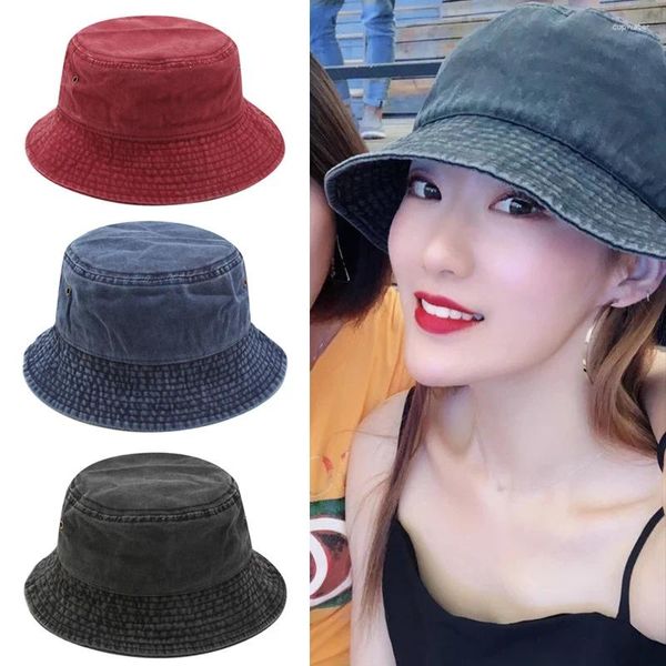 Berets Mode Retro Faltbare Frauen Fischer Hut Breite Krempe Gewaschen Denim Für Männer Eimer Hüte Unisex Hip Hop Sonnencreme Panama kappe