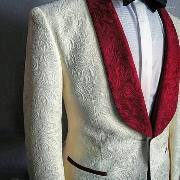 Erkekler Gerçek Po Kostüm Homme Mariage Bej Desen Düğün Erkekler Groom Smokard Blazer Maskulino 2 PCS Erkek Takım