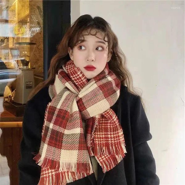 Шарфы 2023, женский зимний двусторонний клетчатый шарф, красочная шаль в корейском стиле, утепленный рождественский абзац