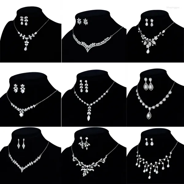 Halskette Ohrringe Set Glanz Zirkon Braut Silber Farbe Hochzeit Schmuck Bräute Zubehör Frauen Abend Party