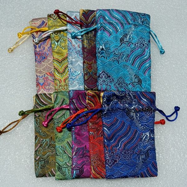 Kundenspezifische Meerwasser-chinesische Silk Brokat Drawstring-Geschenk-Taschen mit gezeichneten Satin-Gewebe-ethnischen Schmucksache-Beutel-Großverkauf 8x13cm 10pcs/lot