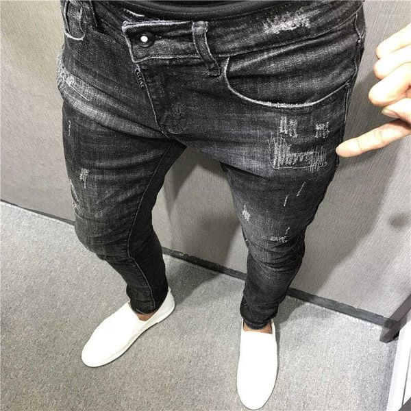 Jeans masculinos Primavera Carga de outono rasgou a moda negra luxo coreano jeans slim adolescentes masculinos de calças esticadas roupas masculino macho