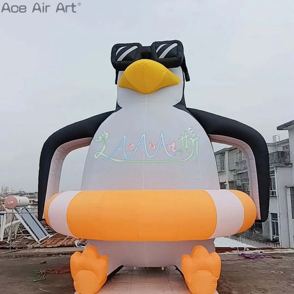 Decoração ao ar livre Penguin inflável com bóia vidas 5m H Modelo de animal fofo para piscina ou festa de verão