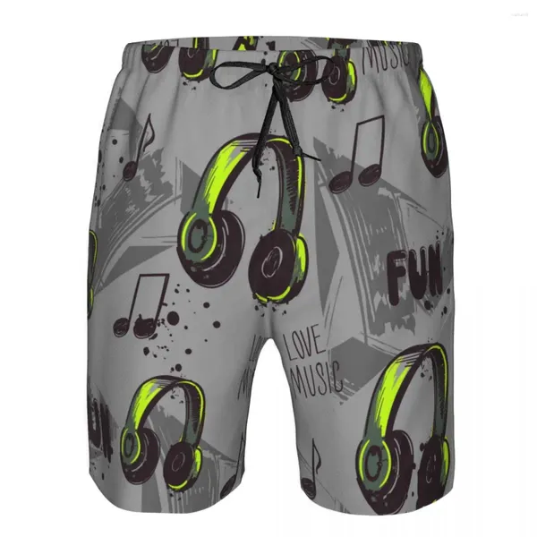 Shorts masculinos homens natação swimwear fones de ouvido notas triângulos geométricos amante da música homens troncos maiô beach wear boardshorts