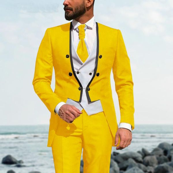 Ternos masculinos Blazers JELTOIN 2023 Design de cauda de cauda Amarelo Men Terne 3 Peças Casamento Slim Fit for Groom Tuxedos Bridebroom Man Blazer