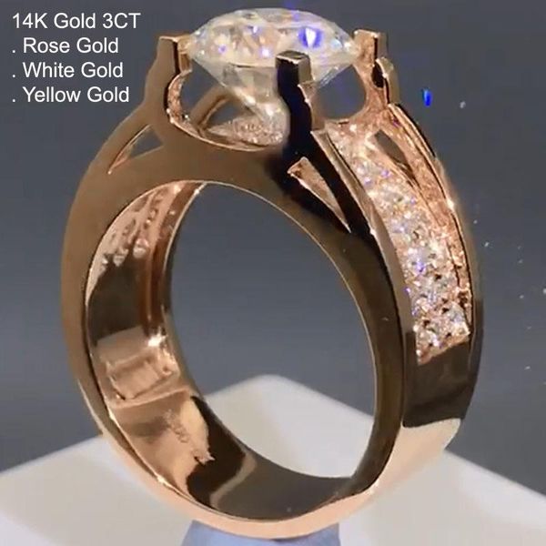 Cluster Rings 14K Rose Gold 3 Moissanite Diamond Ring Men Luxury Round Trendy Wedding Party Fidanzamento Anniversario Ct D Colore