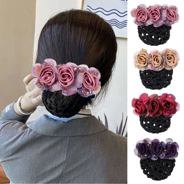 Kristall Perlen Blumen Haarnadel Häkeln Brötchen Net Snood Haar Clip Haarspangen Bowknot Grips Professionelle Frauen Haar Zubehör