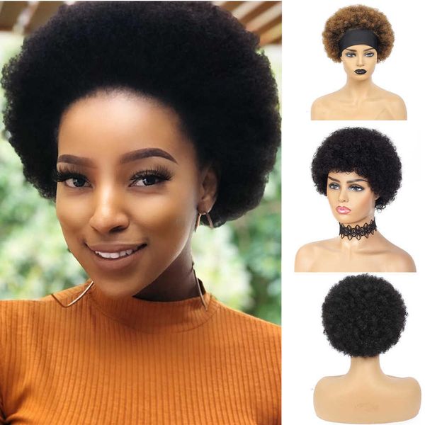 Parrucche per capelli Natural Short Curly Human Afro Kinky per donne nere Turbante Parrucca per capelli Colore marrone Economici 230412