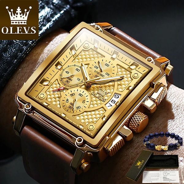 Relógios de pulso Olevs Original Relógio Dourado para Homens Marca de Luxo Couro Militar Grande Cronógrafo de Ouro Masculino Relógios de Pulso Relogio Masculino 231110
