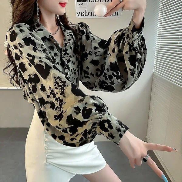 Blusas femininas primavera e outono gola polo manga longa leopardo padrão chiffon camisa casual moda elegantecommuting confortável topos