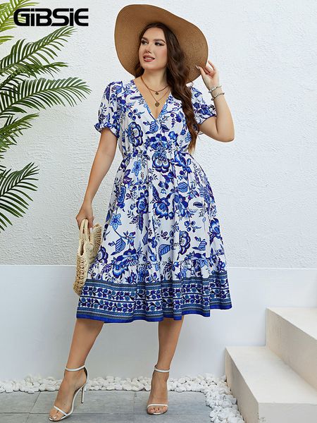 Abiti casual GIBSIE Plus Size Cotta Collo Manica a sbuffo Abito stampa floreale Donna Vacanza Spiaggia Boho Estate A-line Midi Abiti con orlo arricciato 230412