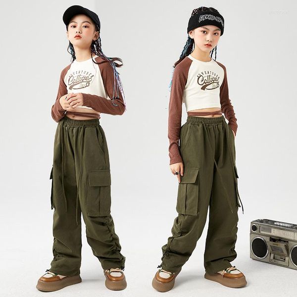 Bühnenkleidung Kinder Hip Hop Kleidung Teenager Show Crop Top Langarm T-Shirt Lässige Street Sweat Cargohose Für Mädchen Tanzkostüm Kleidung