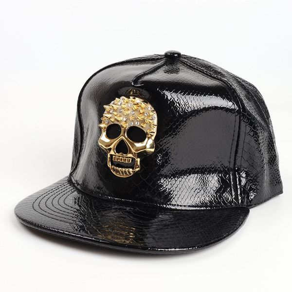 Novo boné de beisebol pu de aba plana masculino feminino metal crânio snapback boné unissex hip hop chapéu de sol gorras hcs309