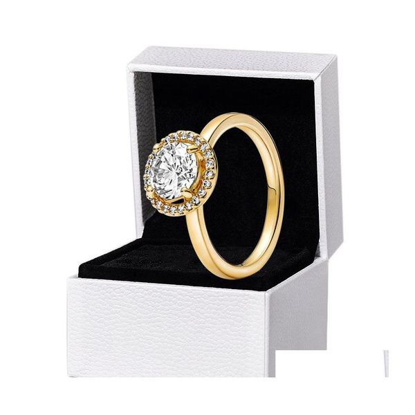 Anéis de casamento brilhantes redondo halo amarelo ouro anel de ouro Girls Girls Presente com caixa original definida para Pandora 925 Sterling Sier Drop Dhggx