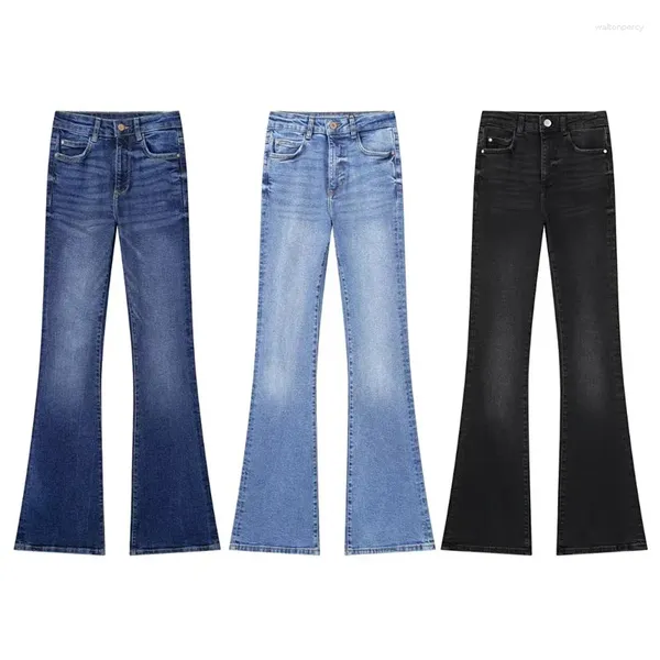 Damen Jeans Herbst 2023 Lässige, hoch taillierte, ausgestellte, klassische, weitbeinige Hose mit Reißverschlusstaschen
