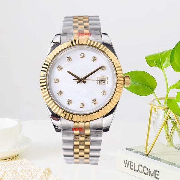 Relógio de casal 40mm 36mm movimento automático mecânico masculino relógio safira 31mm quartzo feminino aço inoxidável à prova d'água luminoso dourado design de moldura canelada relógio aaa