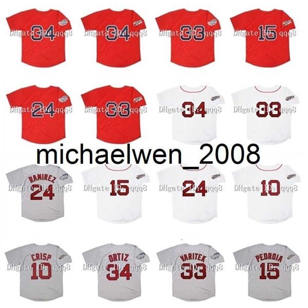 2004 Retro Manny Ramirez Jersey 2007 David 34 Ortiz 15 Dustin Pedroia 33 Jason Varitek 10 Coco Crisp Vermelho Branco Cinza Vintage Camisas de Beisebol