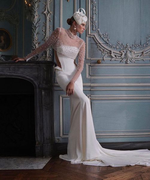 Элегантные уникальные свадебные платья русалки больших размеров с жемчугом и круглым вырезом, прозрачные атласные длинные рукава, драпированные складки, свадебные платья с скользящим шлейфом на заказ