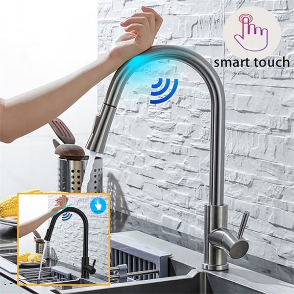 Torneiras de cozinha DQOK Torneira retirada Sensor de níquei escovado aço inoxidável preto Indução Indução mista Tap Touch Control Pia