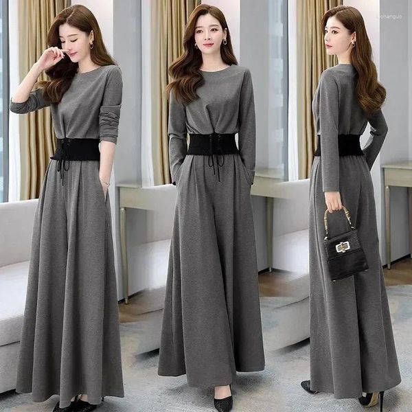 Frauen Zweiteilige Hosen Koreanischen Stil Breites Bein Hosenanzug Frauen Büro Dame Elegante 2 Set Vintage Bandage Taille Langarm weibliche Outfits