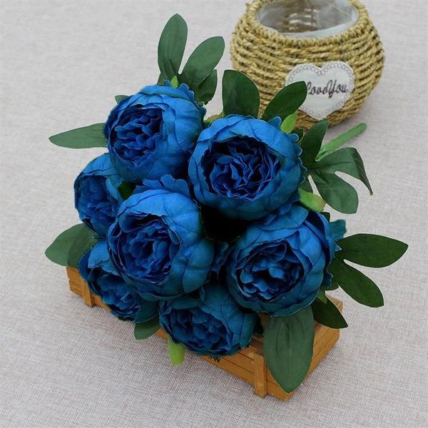 Flores decorativas grinaldas 7 cabeças buquês de peônia artificial arranjo de casamento azul vermelho branco peônias de seda flor escritório em casa 3083