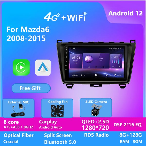 Autoradio-Videoplayer für MAZDA 6 2008-2015 mit Bluetooth Carplay-Lenkradsteuerung Remote Mirror Link IPS-Bildschirm 128G 10 Zoll