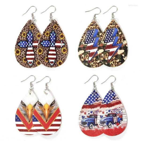 Orecchini pendenti Double Side Faux Leather Teardrop Independence Day 2023 Ghepardo Girasole Bandiera USA Stampa Gioielli patriottici Commercio all'ingrosso