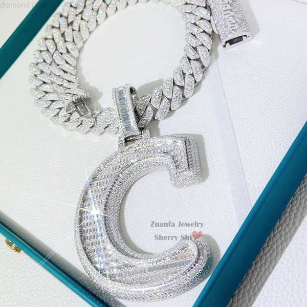 Хип -хоп багэтт срезан VVS Moissanite Diamond Iced Out Начальное название пользовательское ожерелье подвеска