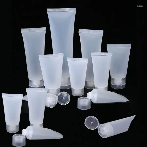 Bottiglie di stoccaggio 100 pezzi vuoti in plastica trasparente satinata cosmetici morbidi tubi shampoo detergente viso contenitori per campioni di trucco con coperchi ribaltabili