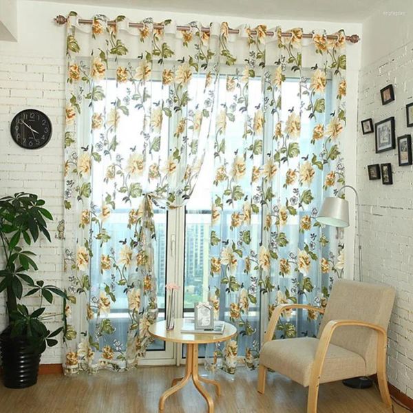 Cortina de porta persianas janela peônia impressa transparente tule divisória de sala flor vintage quarto banheiro