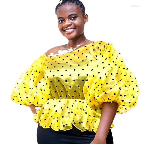 Этническая одежда женская блузка сексуальная наклонная перспектива плеча Dot Organza Elastic Band Ruffle Yellow Tops Африканское весна лето 2023