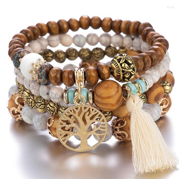 Armreif Mexiko böhmischen Stil Damen Accessoires Multi-Layer Holzperlen Armband Baum des Lebens Quaste Anhänger elastischer Schmuck