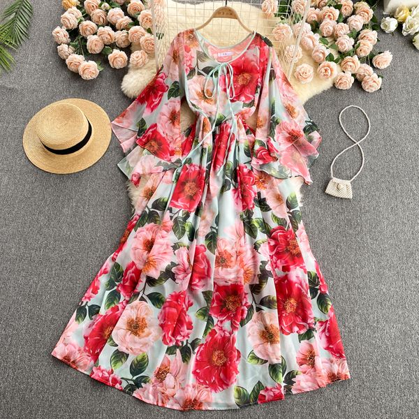 Fanhua serisi zarif baskılı elbise peri parlama kolları akan şifon elbisesi yaz yeni plaj tesisi uzun elbise