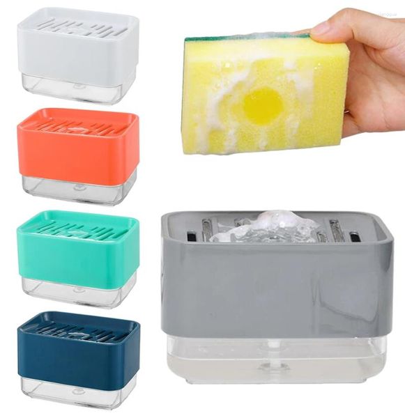 Distributeur de savon liquide, boîte manuelle avec éponge, plateau de support de pompe à pression pour lavage de vaisselle de cuisine