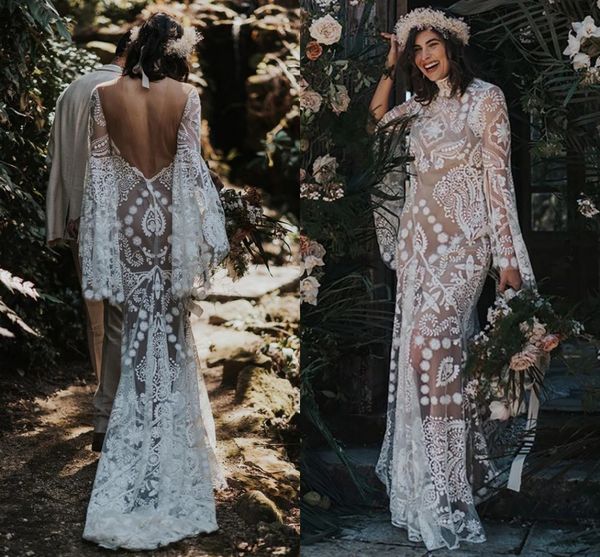 Ricami floreali Abiti da sposa a sirena da spiaggia Boho 2023 Maniche lunghe a pipistrello Abiti da sposa applique vintage in pizzo all'uncinetto vintage