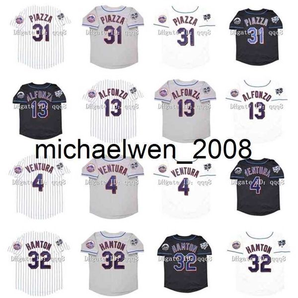 Vintage 2000 Baseball Jersey Mike Piazza 13 Edgar Alfonzo 4 Robin Ventura 32 Mike Hampton Branco Cinza Preto Jerseys