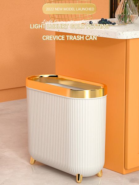 Lixo de lixo de lixo 12L Lixo dourado de luxo pode descobrir o banheiro estreito sala de estar da sala de estar cozinha de 10 cm de pressão lixo 230412