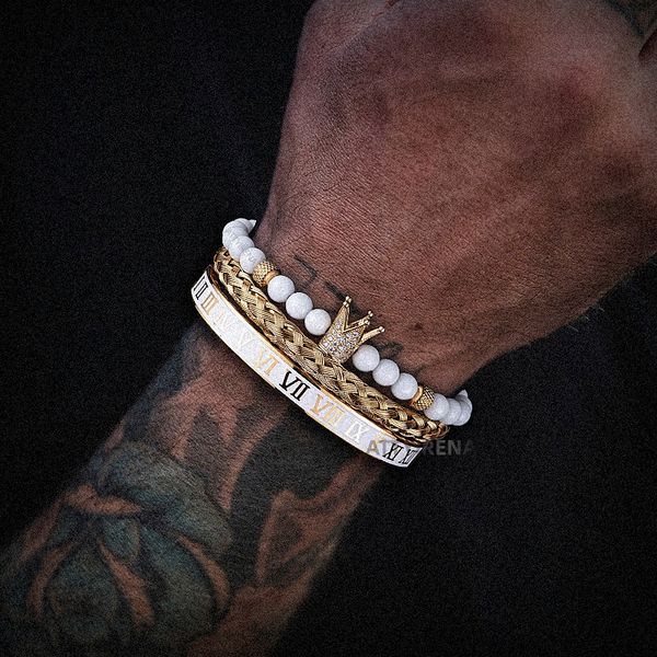 Charm Bracelets Luxury Set Crown Charm Gold Color Skull Bracelet Edelstahl Men White Emaille Roman Number Bangles Europe Fashion Jewelry 230411