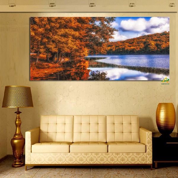 Malerei HD-Druck Herbst See Wald Weißer Himmel Landschaft Ölgemälde Modernes Wandbild für Wohnzimmer Leinwand Pop Giclée-Kunstposter