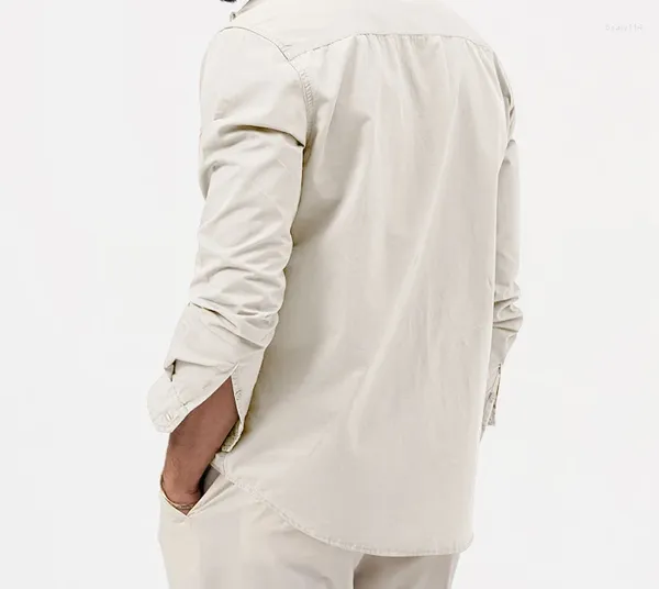 Мужские повседневные рубашки, осень 2023, однотонный воротник с лацканами, мужская рубашка с двойным карманом, модный универсальный кардиган с длинными рукавами, верхняя мужская одежда