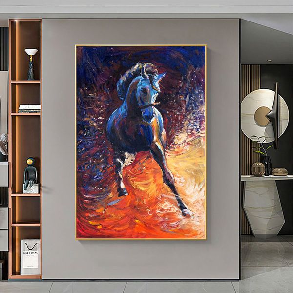 Resumo Canvas pintando laranja cavalo preto cavalo moderno nórdico pôsteres e impressões de artigos de arte de parede para decoração da casa da sala